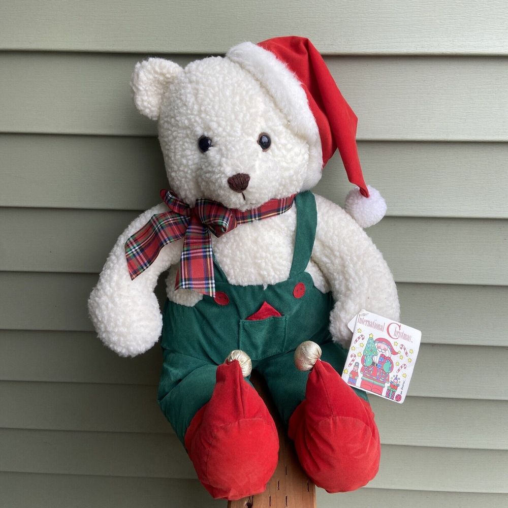 Vintage International Silver Co. 1993 Christmas Bear Plush White 21 in Santa Hat